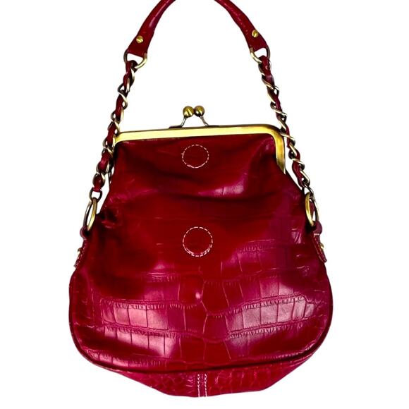 Vintage Y2K Tommy Hilfiger Red Fold Over Mini Bag Chain Strap Croc Embossed - Picture 2 of 8